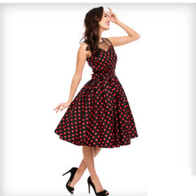Load image into Gallery viewer, Elizabeth Vintage Swing Dress in Black/Red Polka