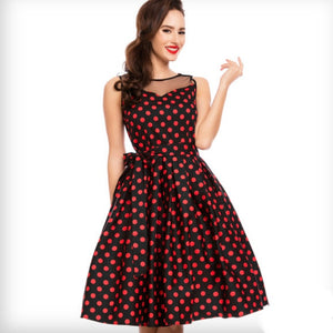 Elizabeth Vintage Swing Dress in Black/Red Polka