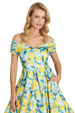 Load image into Gallery viewer, Lily Off Shoulder Blue/Yellow Lemon Dress