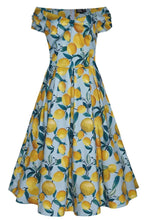 Load image into Gallery viewer, Lily Off Shoulder Blue/Yellow Lemon Dress
