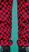 Load image into Gallery viewer, Black &amp; Viva Magenta Checkerboard Stretch Twill Dungarees