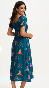 Jolene Midi Shirred Dress - Teal, Rainbow Parrots
