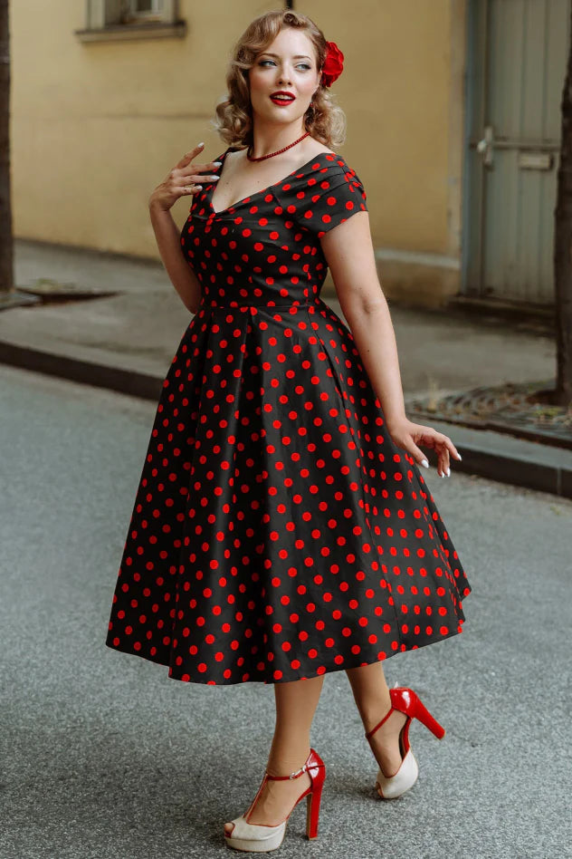 Lily Rockabilly Polka Dot Off Shoulder Swing Dress In Black Red
