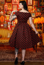Load image into Gallery viewer, Lily Rockabilly Polka Dot Off Shoulder Swing Dress In Black & Red