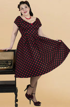 Load image into Gallery viewer, Lily Rockabilly Polka Dot Off Shoulder Swing Dress In Black & Red