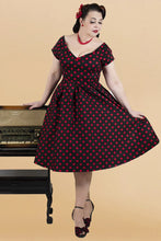 Load image into Gallery viewer, Lily Rockabilly Polka Dot Off Shoulder Swing Dress In Black & Red