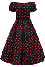 Load image into Gallery viewer, Lily Rockabilly Polka Dot Off Shoulder Swing Dress In Black & Red