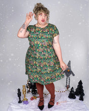Load image into Gallery viewer, Festive: Christmas Cottages Stretch Belted Tea Dress with Pockets