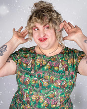 Load image into Gallery viewer, Festive: Christmas Cottages Stretch Belted Tea Dress with Pockets