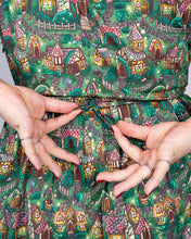 Load image into Gallery viewer, Festive: Christmas Cottages Stretch Belted Tea Dress with Pockets
