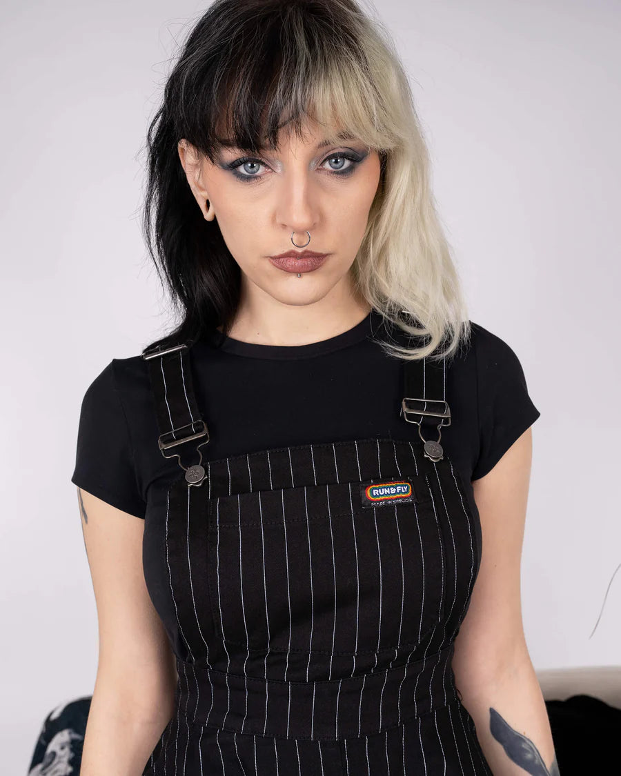 Black & White Pinstripe Flared Pinafore Dress Cherry Vintage Chichester Black & White Pinstripe Flared Pinafore Dress Cherry Vintage Chichester
