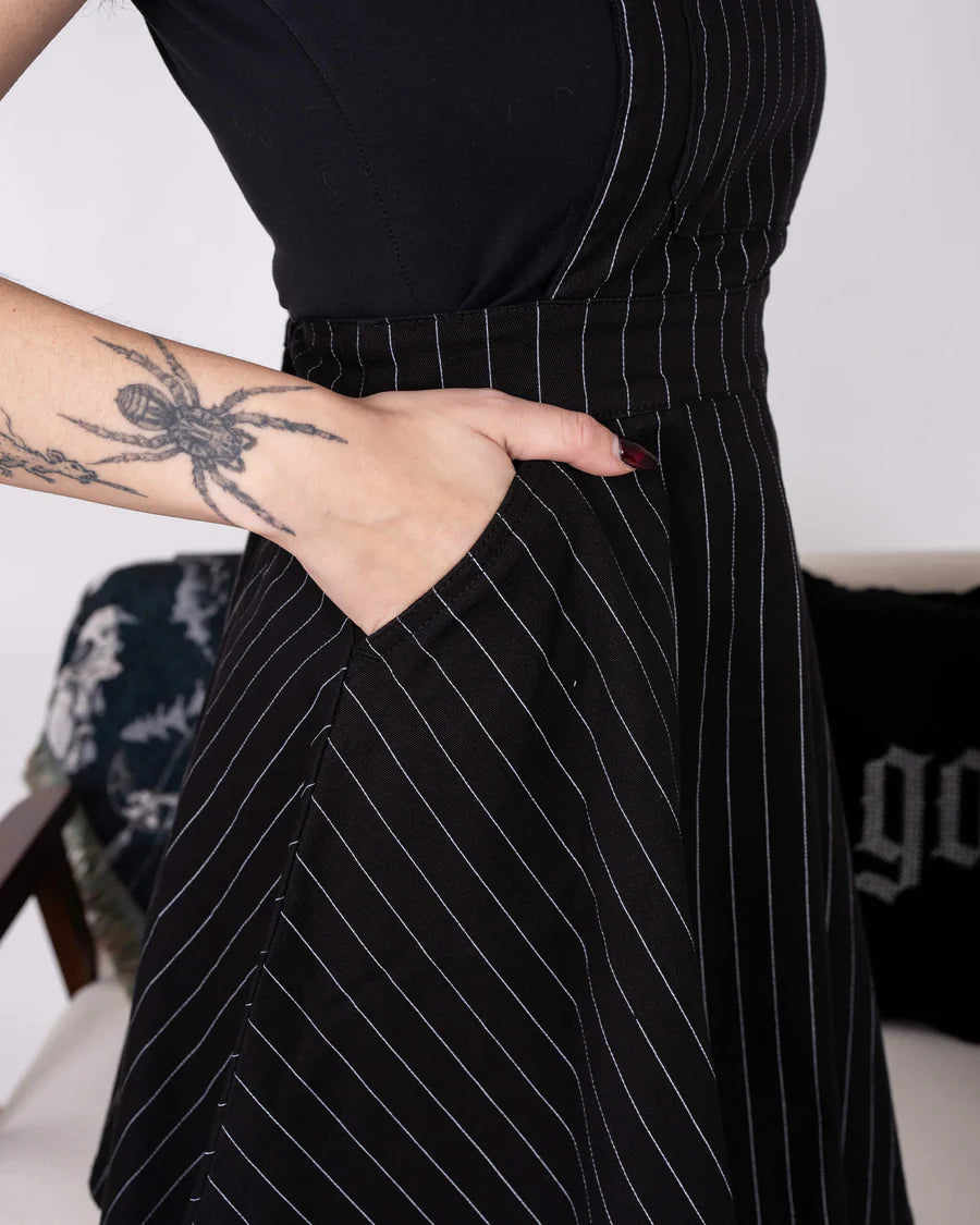 Black & White Pinstripe Flared Pinafore Dress Cherry Vintage Chichester Black & White Pinstripe Flared Pinafore Dress Cherry Vintage Chichester