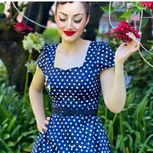 Load image into Gallery viewer, Claudia Blue &amp; White Polka Dot 50’s Dress