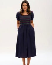 Load image into Gallery viewer, Sugarhill Brighton Lillibet Shirred Dress in Navy with Rainbow Flowers