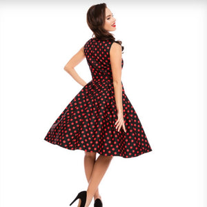 Elizabeth Vintage Swing Dress in Black/Red Polka