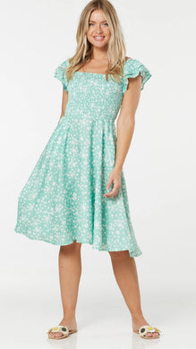 Green Flutter Sleeves Floral Tory Midi Dress with Shirring