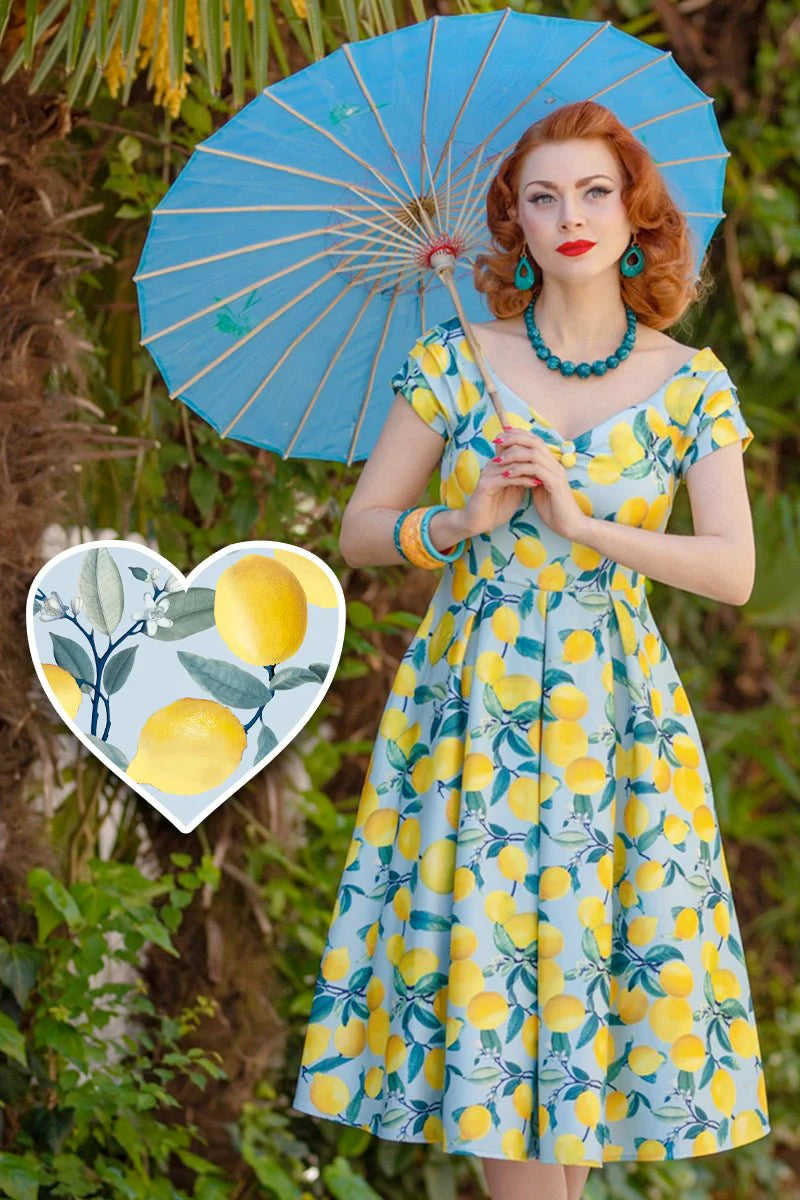 blue and yellow lemon dress Lemon and Blue Print Maxi Dress | Easter Summer Dresses main image 1