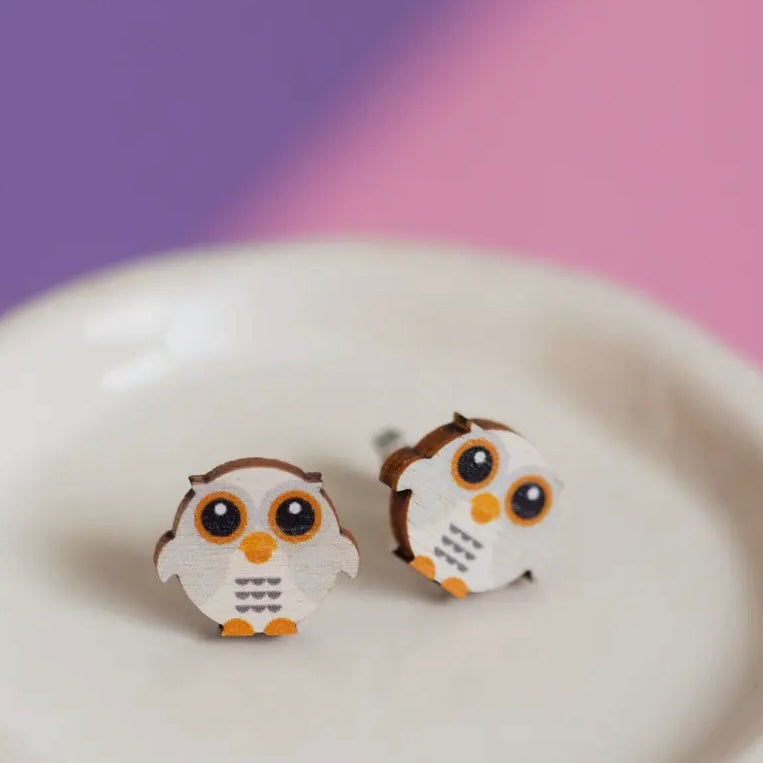 Barn Owl Wooden Stud Earrings