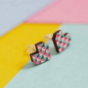 Geo Hearts Wooden Stud Earrings