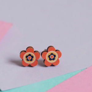 Orange Retro Daisies Wooden Stud Earrings