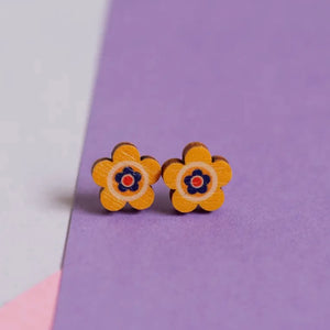Yellow Retro Daisies Wooden Stud Earrings