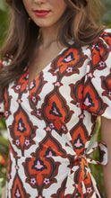 Load image into Gallery viewer, Puff Sleeve Midi Wrap Dress in Orange Geo Print
