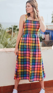 Denali Midi Shirred Sundress - Multi, Summer Rainbow Check