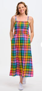 Denali Midi Shirred Sundress - Multi, Summer Rainbow Check