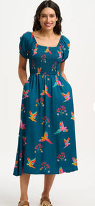 Jolene Midi Shirred Dress - Teal, Rainbow Parrots