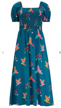 Load image into Gallery viewer, Jolene Midi Shirred Dress - Teal, Rainbow Parrots