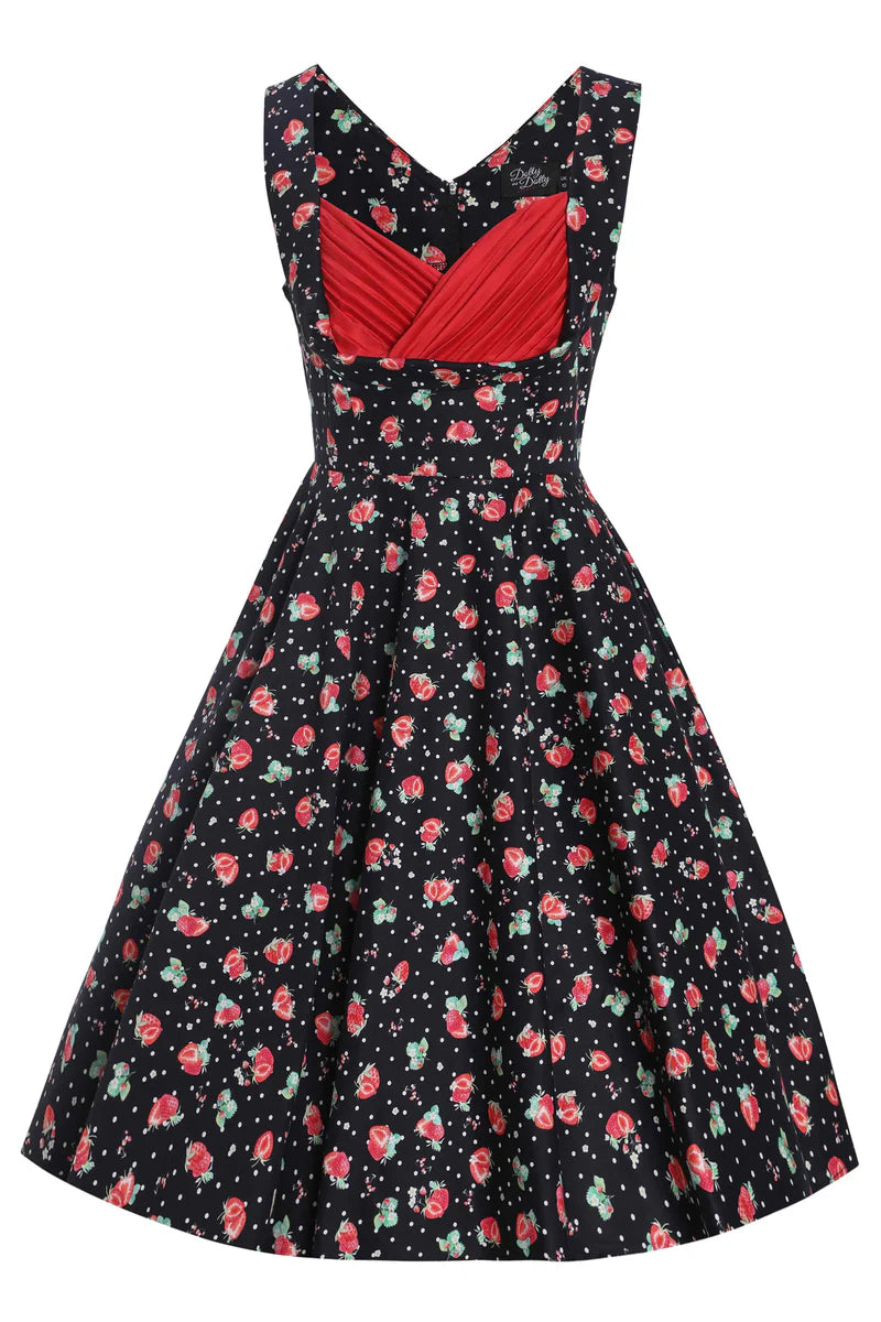 Grace Black Strawberry Pleated Bust Dress