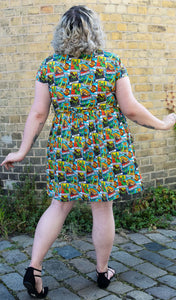 Tarot Dinosaurs Stretch Belted Tea Dress with Pockets