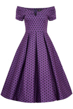 Load image into Gallery viewer, Lily Purple Polka Dot Off Shoulder Dress