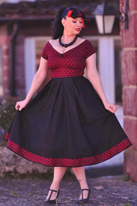 Lily Burgundy & Black Polka Dot Off Shoulder Dress