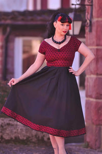 Lily Burgundy & Black Polka Dot Off Shoulder Dress