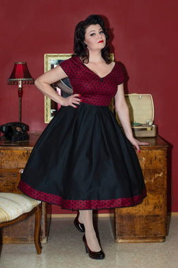 Lily Burgundy & Black Polka Dot Off Shoulder Dress