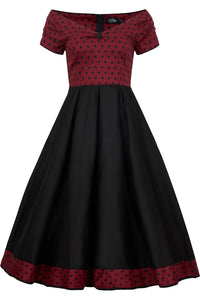 Lily Burgundy & Black Polka Dot Off Shoulder Dress