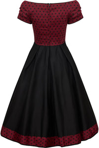 Lily Burgundy & Black Polka Dot Off Shoulder Dress