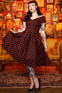 Lily Rockabilly Polka Dot Off Shoulder Swing Dress In Black & Red