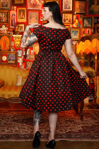 Lily Rockabilly Polka Dot Off Shoulder Swing Dress In Black & Red