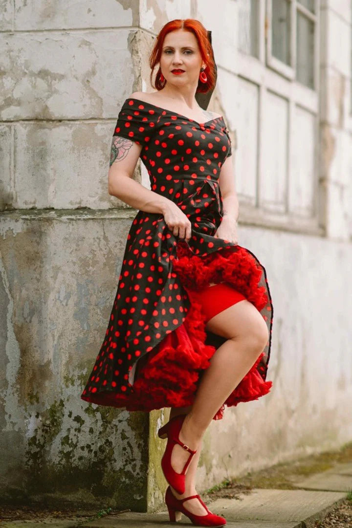 Lily Rockabilly Polka Dot Off Shoulder Swing Dress In Black & Red