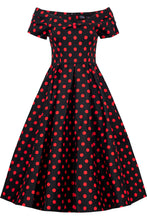 Load image into Gallery viewer, Lily Rockabilly Polka Dot Off Shoulder Swing Dress In Black &amp; Red