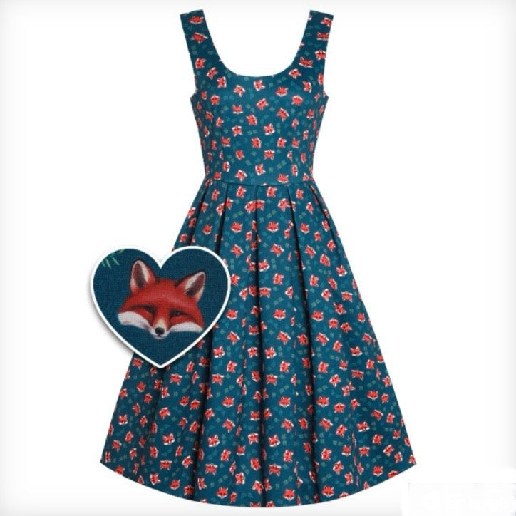 Amanda Dark Green Cute Fox Print Swing Dress