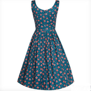 Amanda Dark Green Cute Fox Print Swing Dress