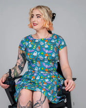 Load image into Gallery viewer, Halloween: Cauldron Cats Teal Stretch Belted Tea Dress with Pockets