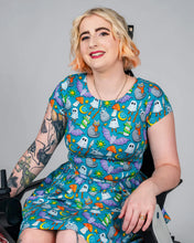 Load image into Gallery viewer, Halloween: Cauldron Cats Teal Stretch Belted Tea Dress with Pockets