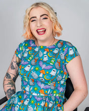 Load image into Gallery viewer, Halloween: Cauldron Cats Teal Stretch Belted Tea Dress with Pockets