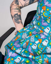 Load image into Gallery viewer, Halloween: Cauldron Cats Teal Stretch Belted Tea Dress with Pockets