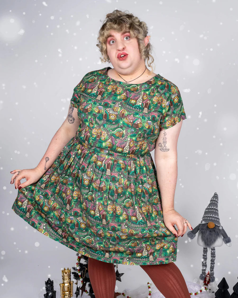 Festive Christmas Cottages Stretch Belted Tea Dress with Pockets