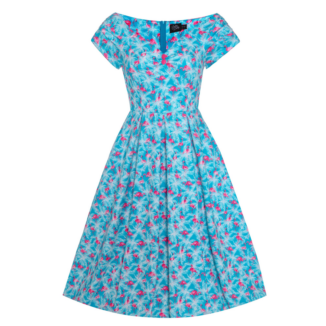 Lily Light Blue Flamingo Print Off Shoulder Dress